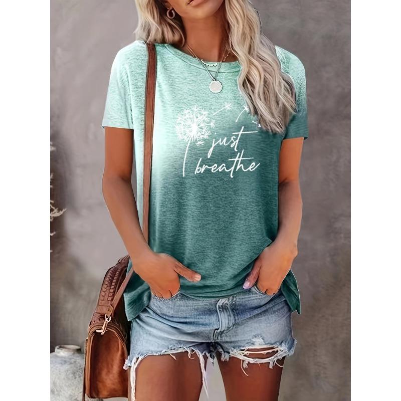 Summer Gradient Dandelion Pattern Printed Women's T-shirts Fashionable Street Round Neck Straight Tube Short Sleeved Top