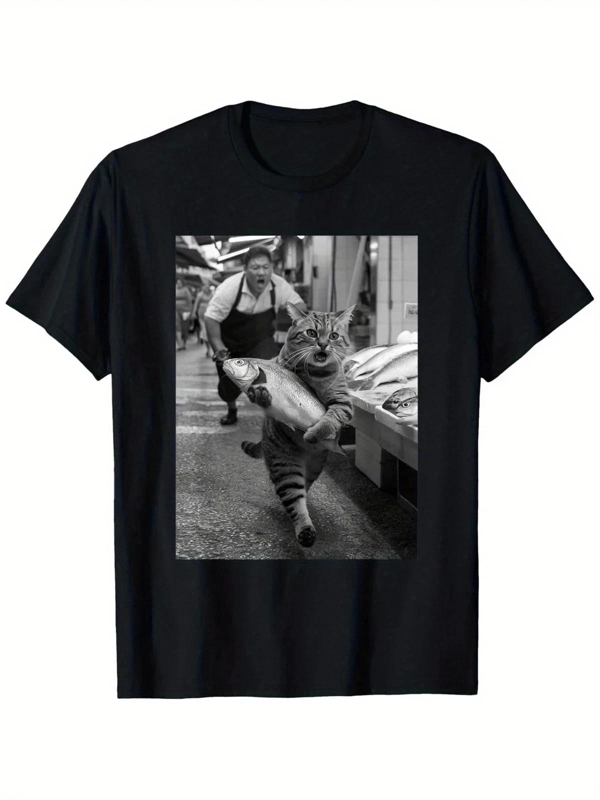 Funny Cat Steals Fish Market Black & White Meme T shirt | Unisex | 100% Cotton S