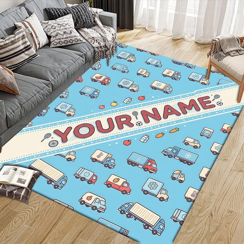 Custom Name,Cartoon Car Pattern Series Home Sofa Decoration for Living Room & Bedroom, Non‑Slip Play Flannel Floor Mat for Game Room