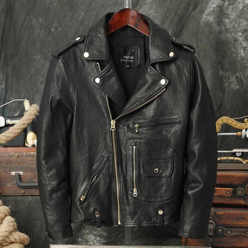 New Italian Wax Dyed Vegetable Tanned Sheepskin Motorcycle Jacket Vintage J24 Cross Zip Real Leather Biker Coat Men