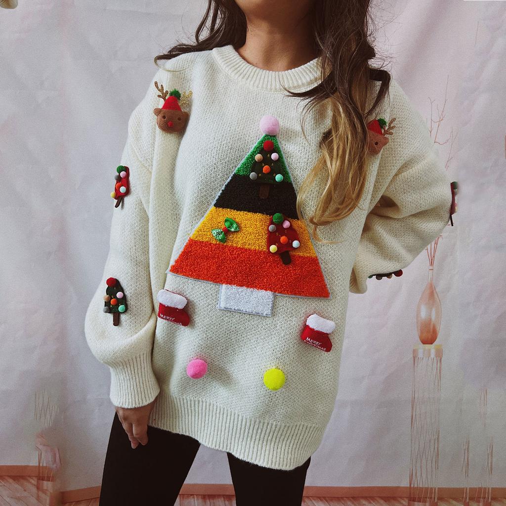 Christmas Sweater Women's Long Sleeved Lazy Style Round Neck Pullover Knitted Sweater