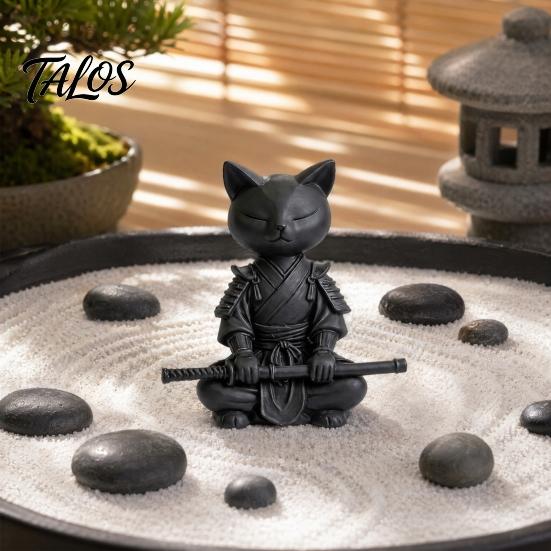 Cat Themed Home Decor 3D Printed Knight Figurine, Meditating Desk with Zen Warrior Pose, Showcase Ornament Minimalist Frosted Animal Sculpture