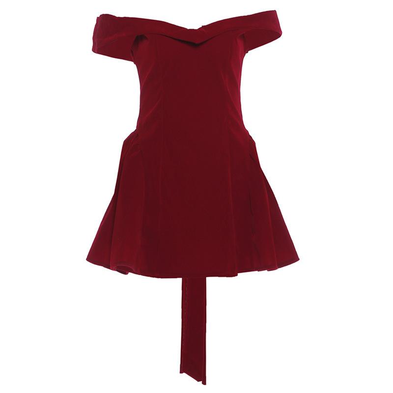 2026 European and American autumn new solid color one-word collar slim waist temperament bow dress women