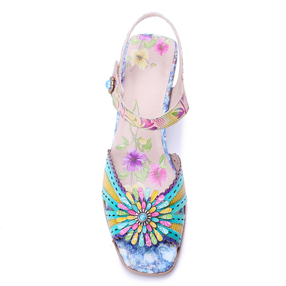 Johnature Sandali Stampati Colorati con Tacco Alto in Vera Pelle Stile Barocco Retrò Raffinati Floreali Scarpe da Donna