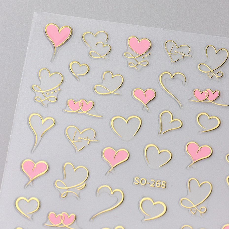 Heart Nail Decals 3D Red Pink Golden Love Design Nail Stickers Adhesive Valentine Sweet Nail Manicure Slider