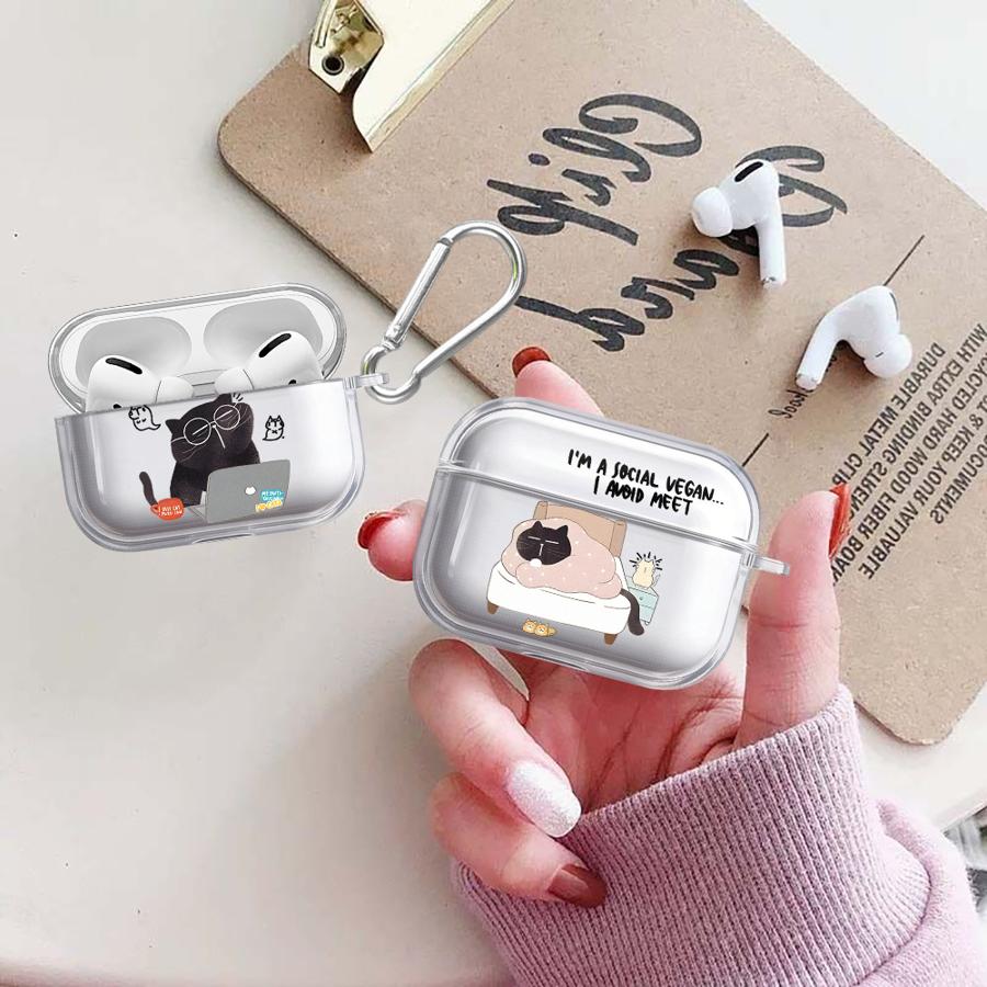 Cartoon Working Cat Clear Earphone Cases Cover Case For Airpods 4 Pro 1 Pro3 3 2 Pro2