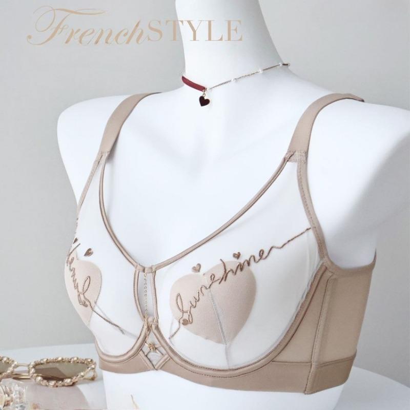 French Letter Embroidery Semi-transparent Mesh Heart Cup Bra Light and Thin Breast-revealing Small Memory Wire Support Bra