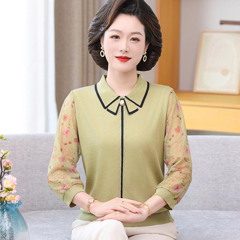 

Mom s Stylish Spring & Summer Sheer Sleeve Knit Top for Middle-Aged Women XL (100-110 jin) трава зеленый