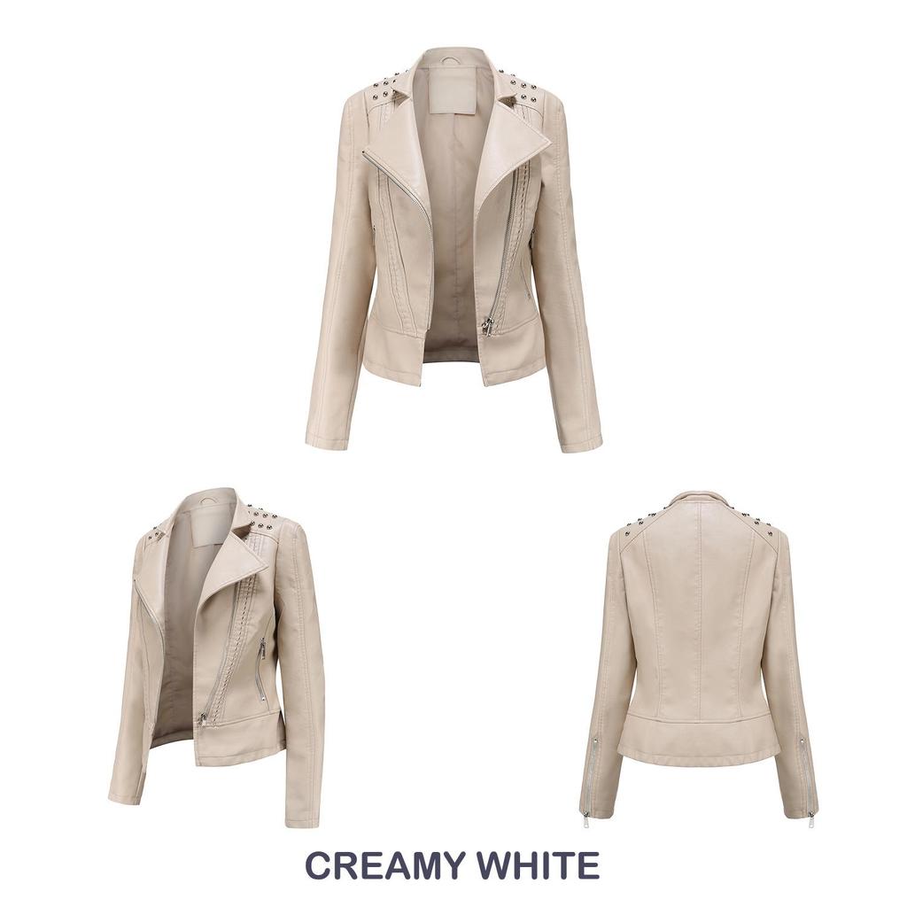 European Women's Beaded Leather Motorcycle Jacket - Long Sleeve, Lapel, Thin Fashion for Spring and Autumn 2023