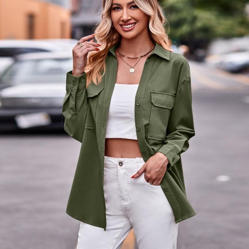 Women Tops Casual Fashion Double Pocket Blouse 2023 Autumn And Winter  Long Sleeve Shirts Solid Color Loose Clothes 28283