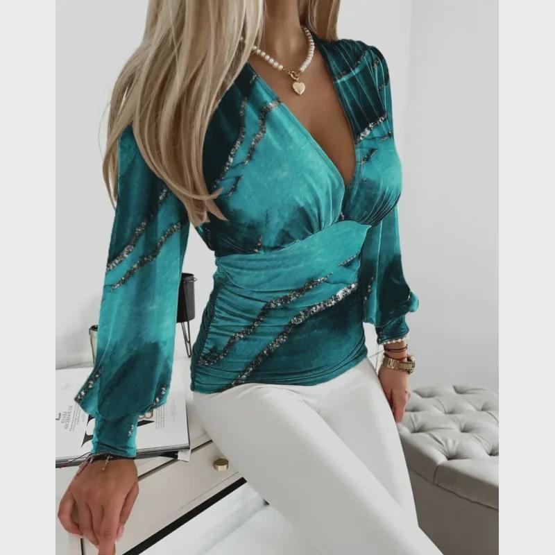 Dámská módní halenka s výstřihem do V a potiskem, s dlouhým rukávem, podzim 2023