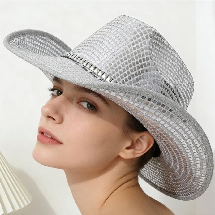 Disco Theme Cowboy Cap with Shining Sequins Cosplay Event Wide Brims Hat for Family Party Gathering Music Festival Props