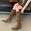 2025 autumn and winter new over-the-knee boots for women wear large tube circumference suede pointed heel high heel pleated piled boots