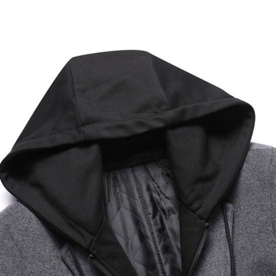 Men Winter Overcoat Fake Two Piece Wool Long Sleeves Mid Length Zipper Warm Formal Plus Size Detachable Hat Winter Coat for Daily Wear