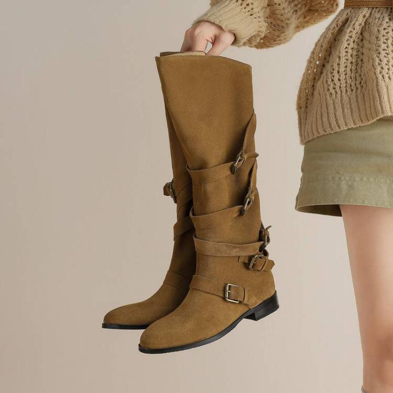 New Women's Martin Boots Stacked Leather Versatile Large Size Women's Boots Sleeve Round Head Cowhide Comfortable Soft-soled High Boots