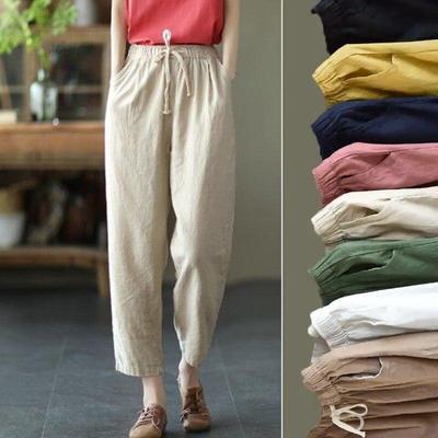Women's Elastic Waist Retro Slim Cotton-Linen Carrot Pants - Summer 2023