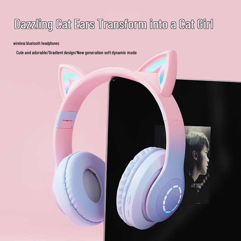 Gradient Color Bluetooth Over-Ear Headphones with LED and Card Slot for Sports