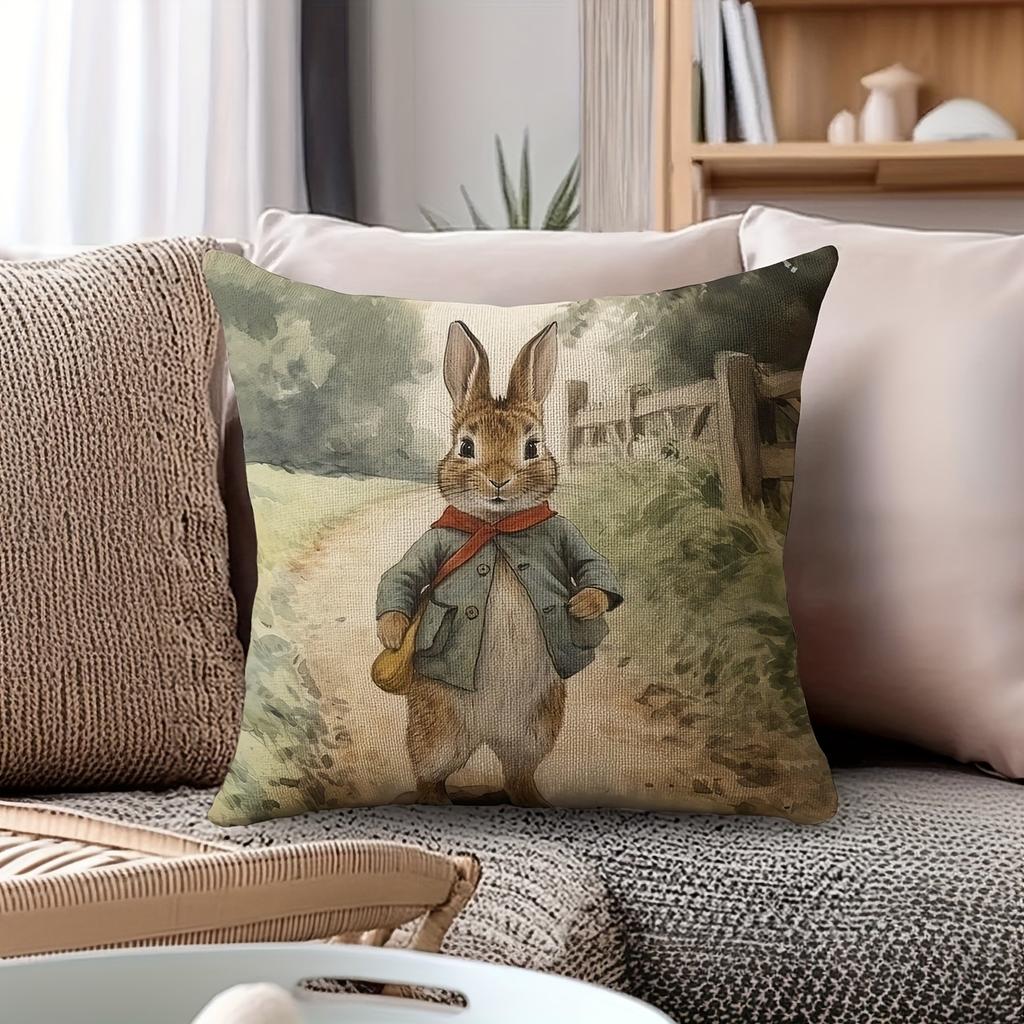 Vintage Bunny Tale Pillowcase: Whimsical Rabbit Scene Pattern Cushion Cover For Charming Cozy Home Sofa Decor