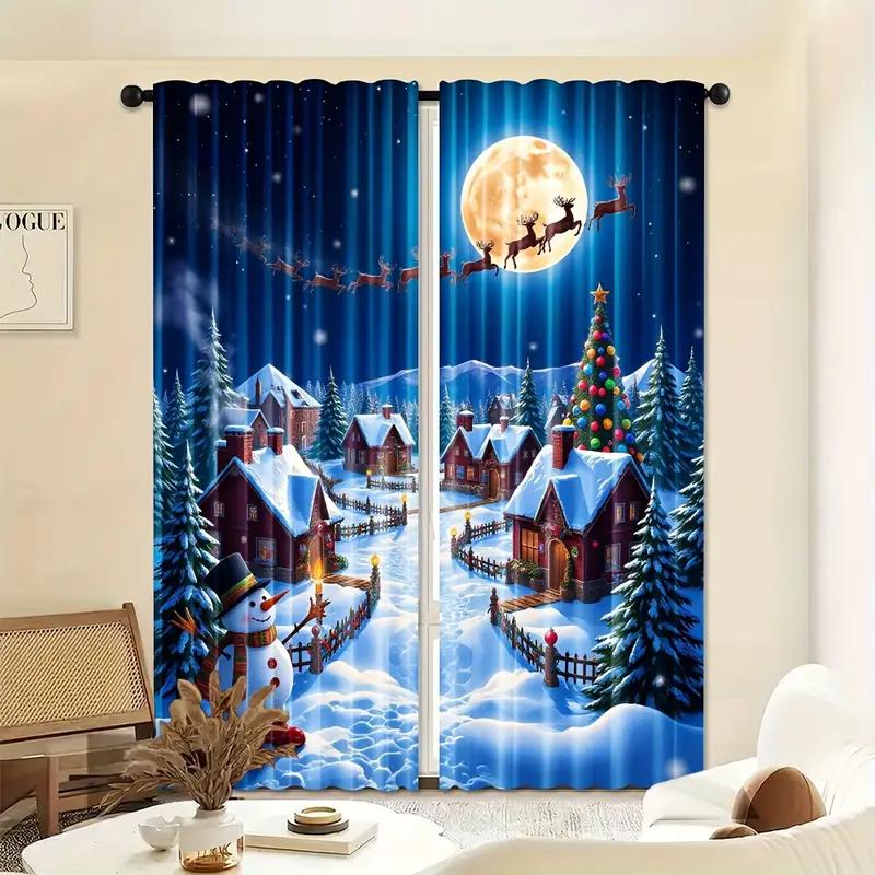 2pcs Christmas Snowman Santa Sleigh Printed Curtains, Designed for Light Filtering, Quality Material, Perfect for Christmas Holi