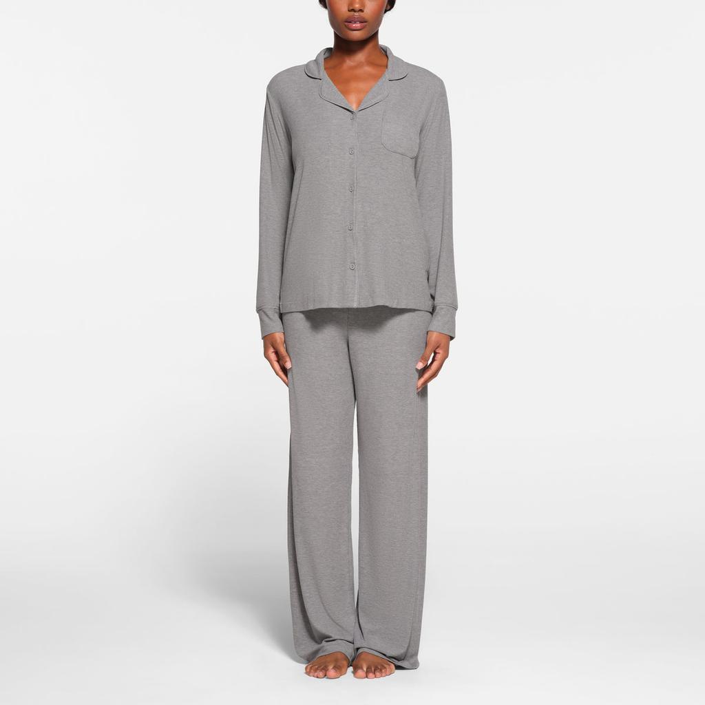 Skims Soft Lounge Sleep Set Solid Color Comfortable Long Sleeve Top Mid Rise Pants Pajama Set Women sleepwear Heather-Grey AP-SET-0600-HGY