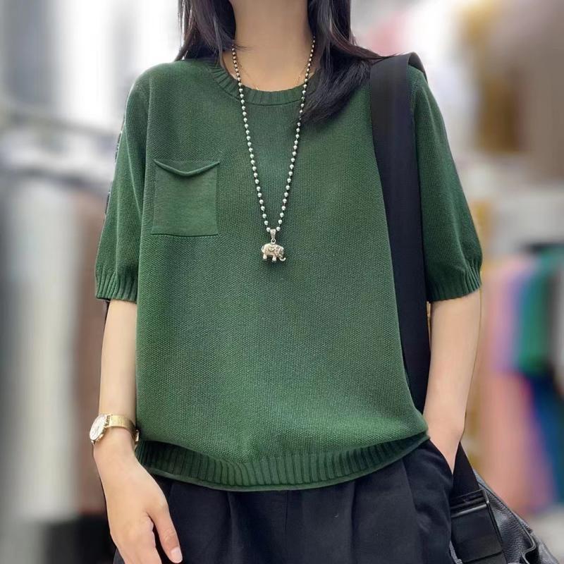 

Летний новый пуловер с большим круглым вырезом, с коротким рукавом, вязаная футболка, свободная повседневная футболка, тонкая одежда для мамы среднего возраста 2XL темно-зеленого