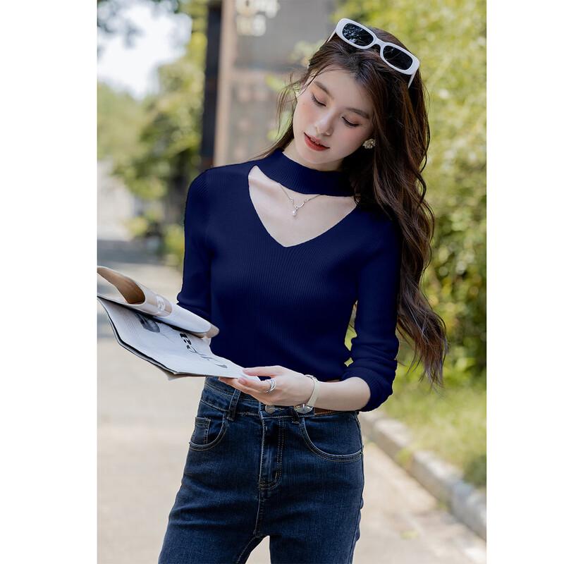 MOKANA Women's Hollow-Out V-Neck Long Sleeve Knit Sweater