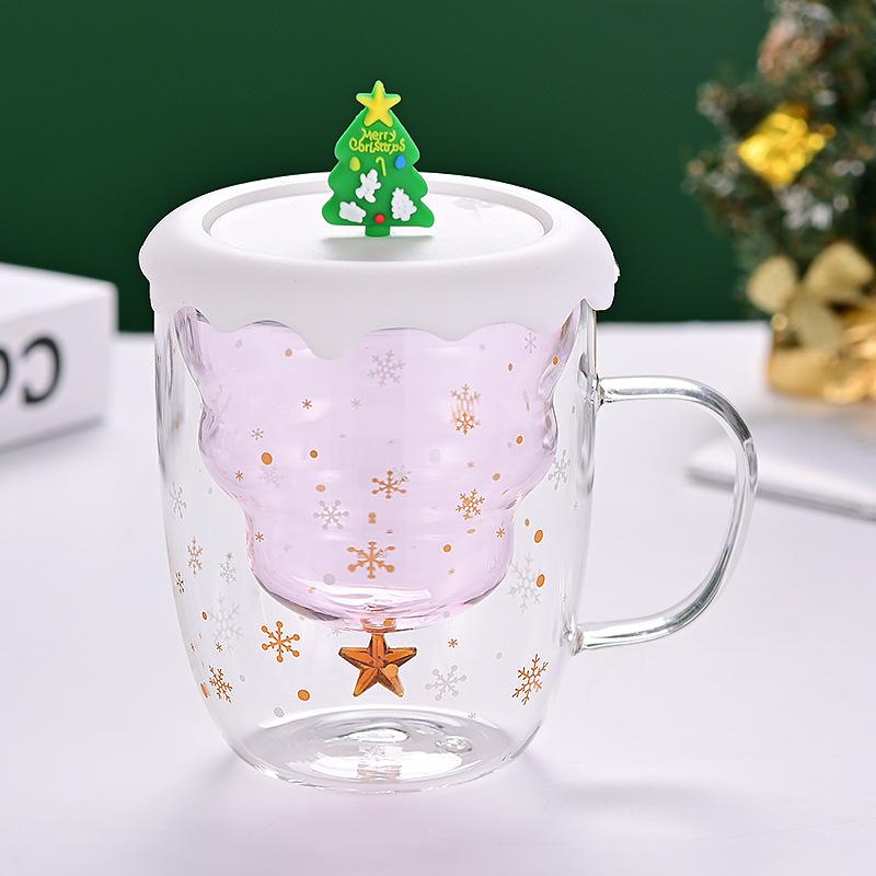 Double Layer Insulated Christmas Cup with Lid Coffee Cup High Borosilicate Glass Cup Wholesale with Handle Glass Decorative Cup