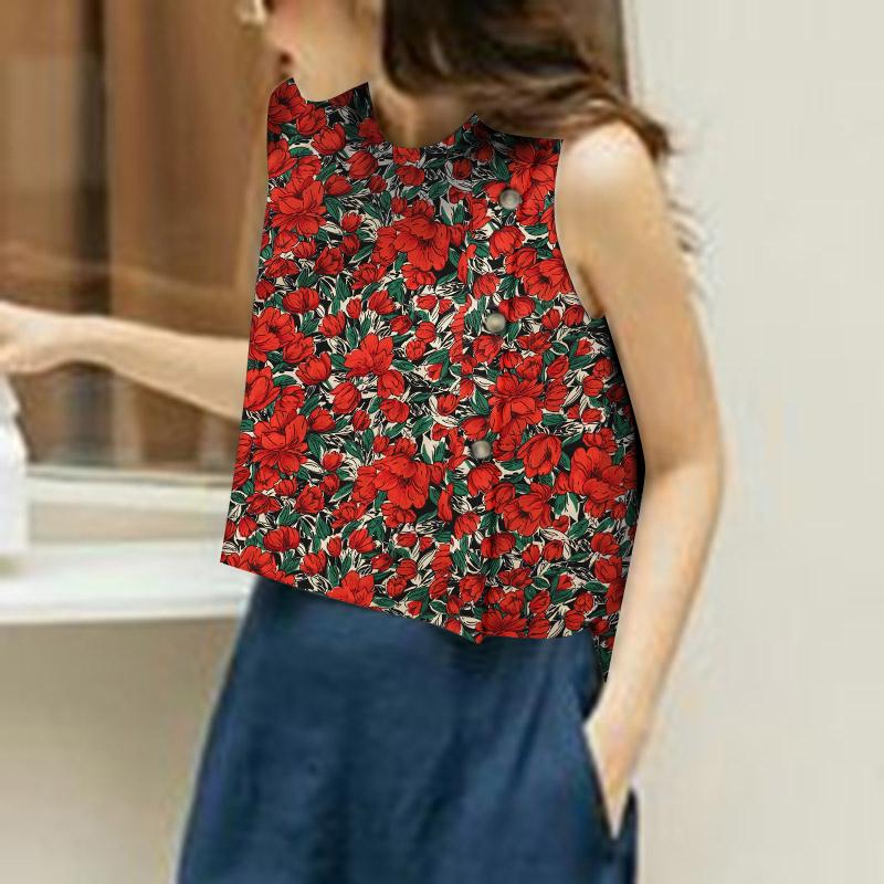 

VONDA Женские повседневные свободные майки с круглым вырезом и цветочным принтом без рукавов 5XL красный