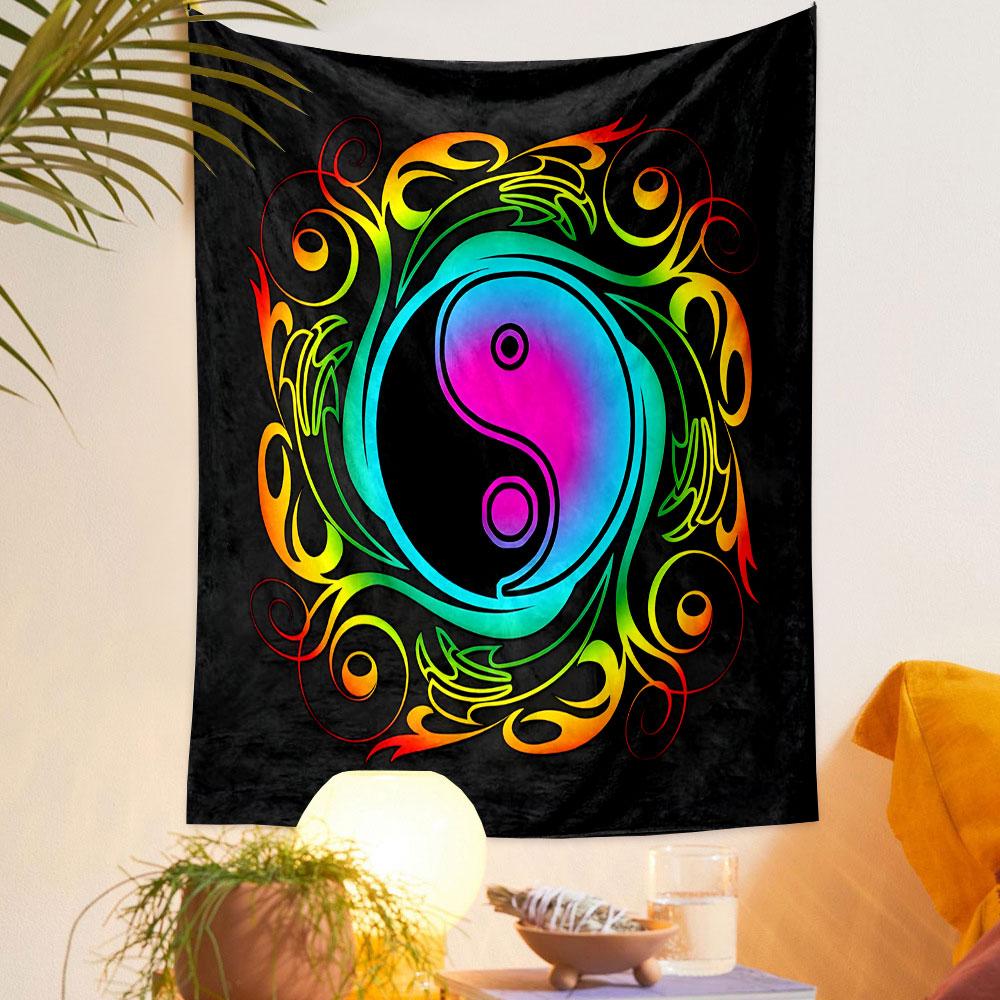 Colorful Yin Yang with Neon Swirls Patterned Tapestry Decorative Wall Hanging, Home Bedroom Living Room Decor