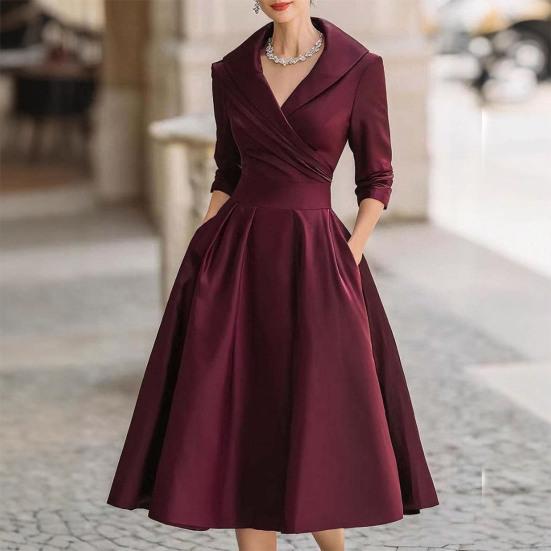 Women's Lapel V Neck Work Dress Long Sleeve A Line Swing Dress Formal Business Office Midi Blazer Dress