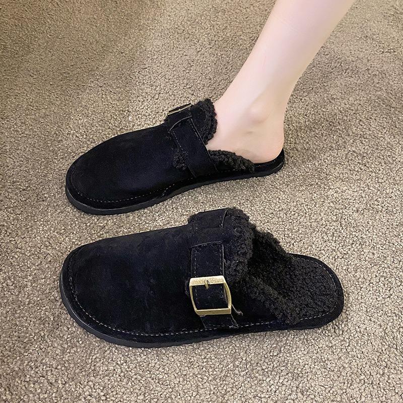Baotou Half Slippers Women's New Autumn and Winter Round Head Flat-bottomed Piled Thermal Casual Fluffy Slippers