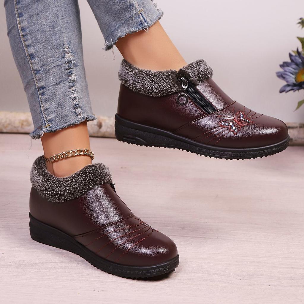 Autumn and Winter New Fashion Versatile Cotton Shoes Women's Flat Bottom Non-slip Casual Soft Sole Warm Side Zipper Cotton Shoes Women