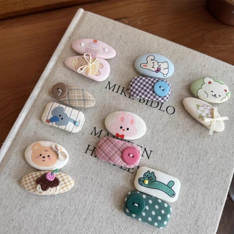 2pcs Cute Cartoon Hairpins Printed Fabric Children's Bangs Side BB Clip for Kids Girls Plaid Hair Clips Hairpin Hair Accessories