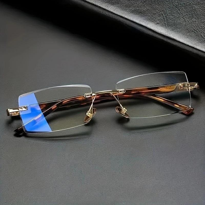 FG Men Blue Light Blocking Reading Glasses Dimond Cutting Rimless Eyeglasses Frame Anti Fatigue Hyperopia Presbyopic Eyewear