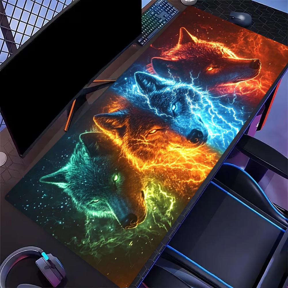 Dark Fantasy Lightning Wolf Print Gaming Mouse Pad Large Desk Mat AntiSlip Rubber Base Stitched Edge Keyboard Mat For Gamers