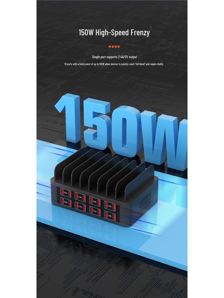 16-Port High Power USB Charging Dock Stand (150W) for Mobile Devices