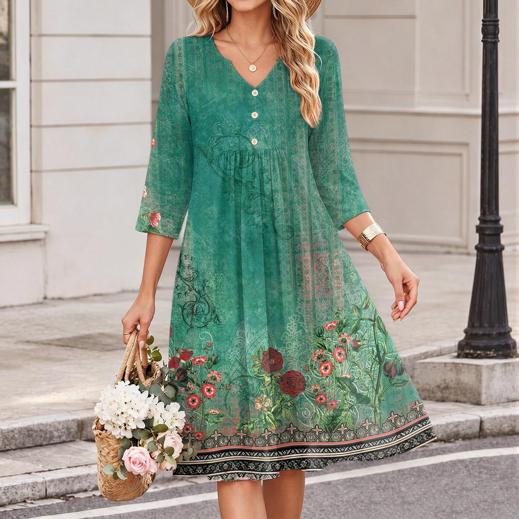 Women's Floral Print V-Neck Casual 3/4 Sleeve Dress