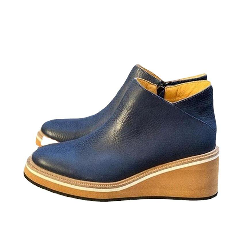 

Женские полусапоги с круглым носком и высоким берцем на платформе, туфли на танкетке в стиле ретро, ​​боковая молния, однотонные ботинки из искусственной кожи с круглой головкой на платформе 37 темно-синий