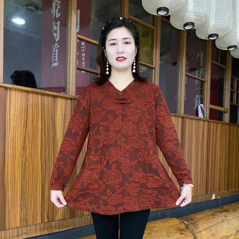 New Autumn Rose Print Fashionable Buckle Mother Temperament Chinese Style Loose Base Shirt