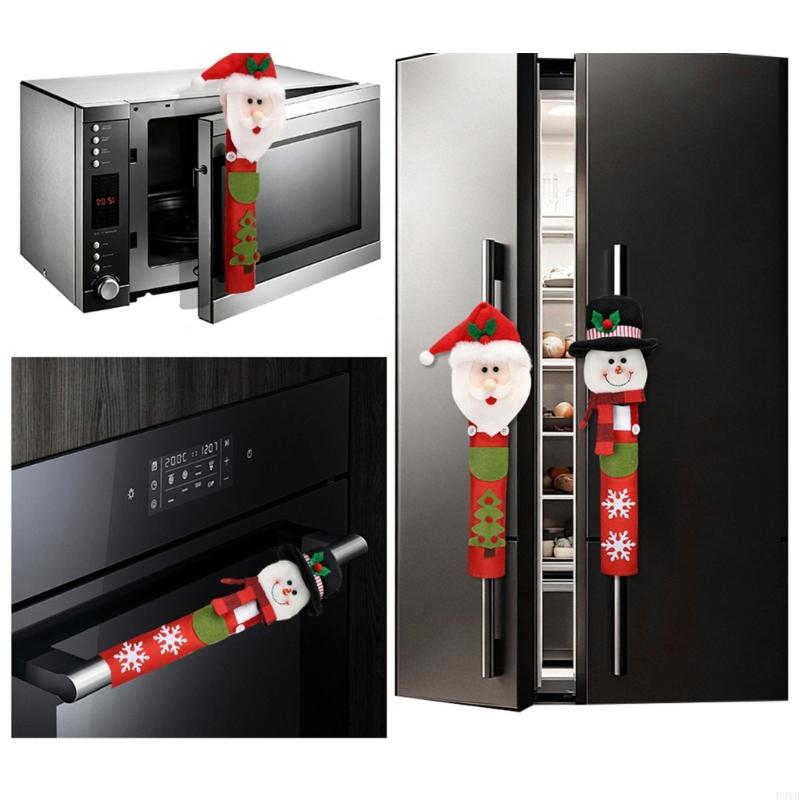 Christmas Refrigerator Pull Covers Soft Polyester 2 Piece Santa Set, Slide-On Fridge Pull Sleeves for Kitchen and Cabinet Accent