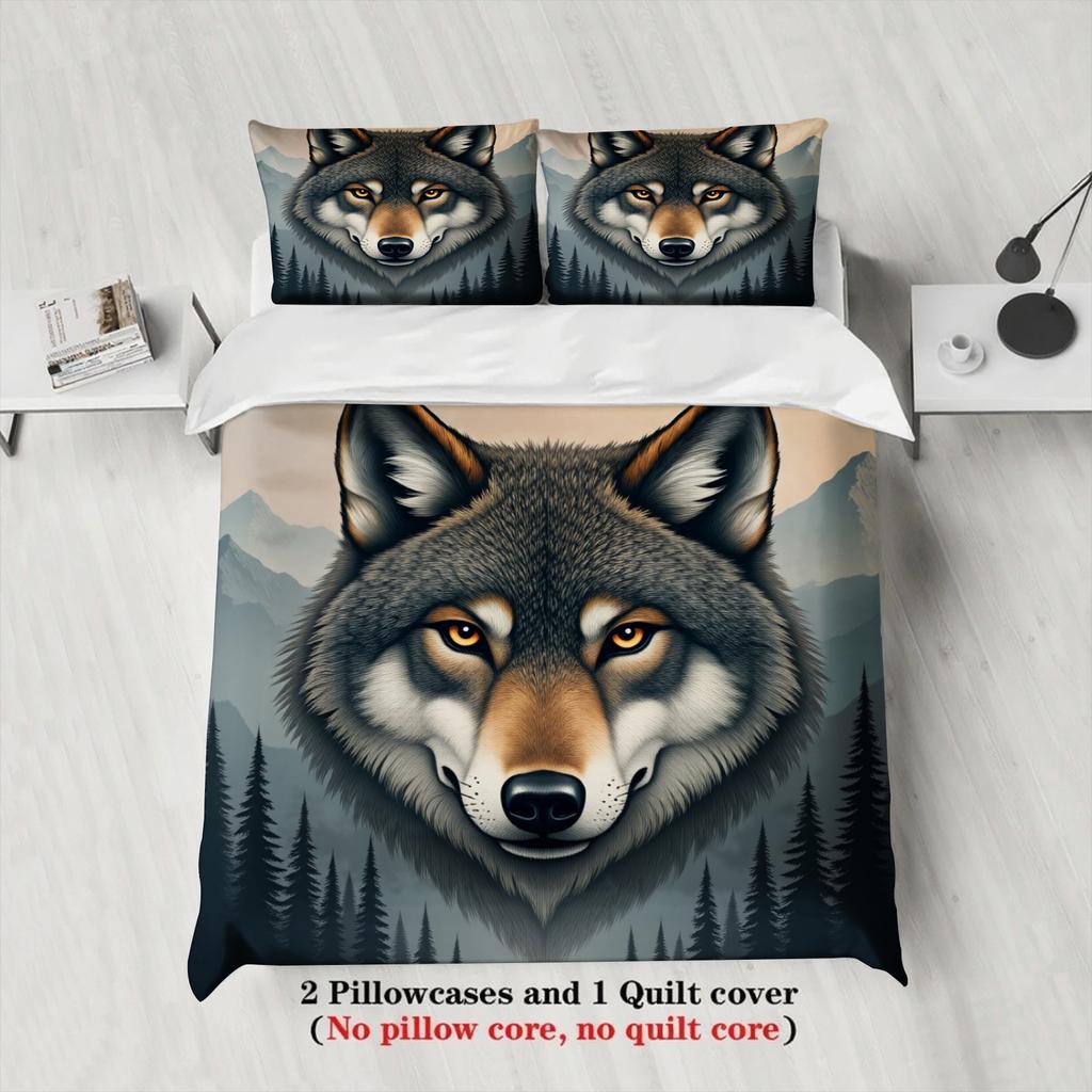 3pcs Wolf Face Bedding Sets 3D Printed Animal Pattern Breathable Easy Care Duvet Cover Sets With Pillowcases No Filling