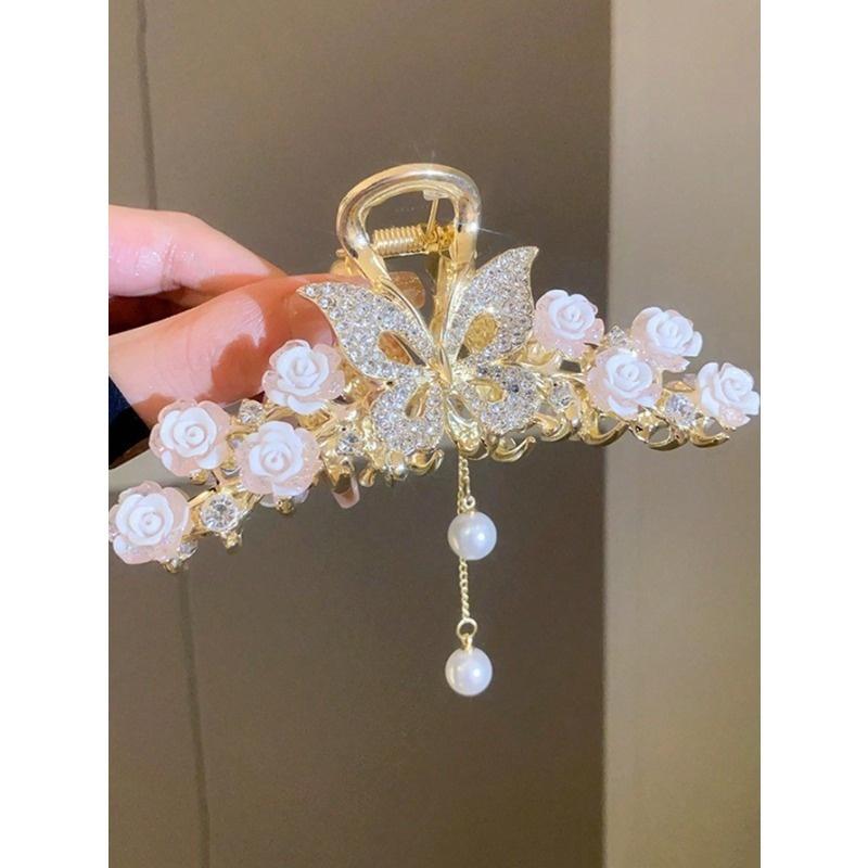 

1 шт. Женская золотистая заколка-краб с кисточкой из стразов, камелией и бабочкой для прически «пучок», элегантный и милый аксессуар для волос на каждый день one-size золотой