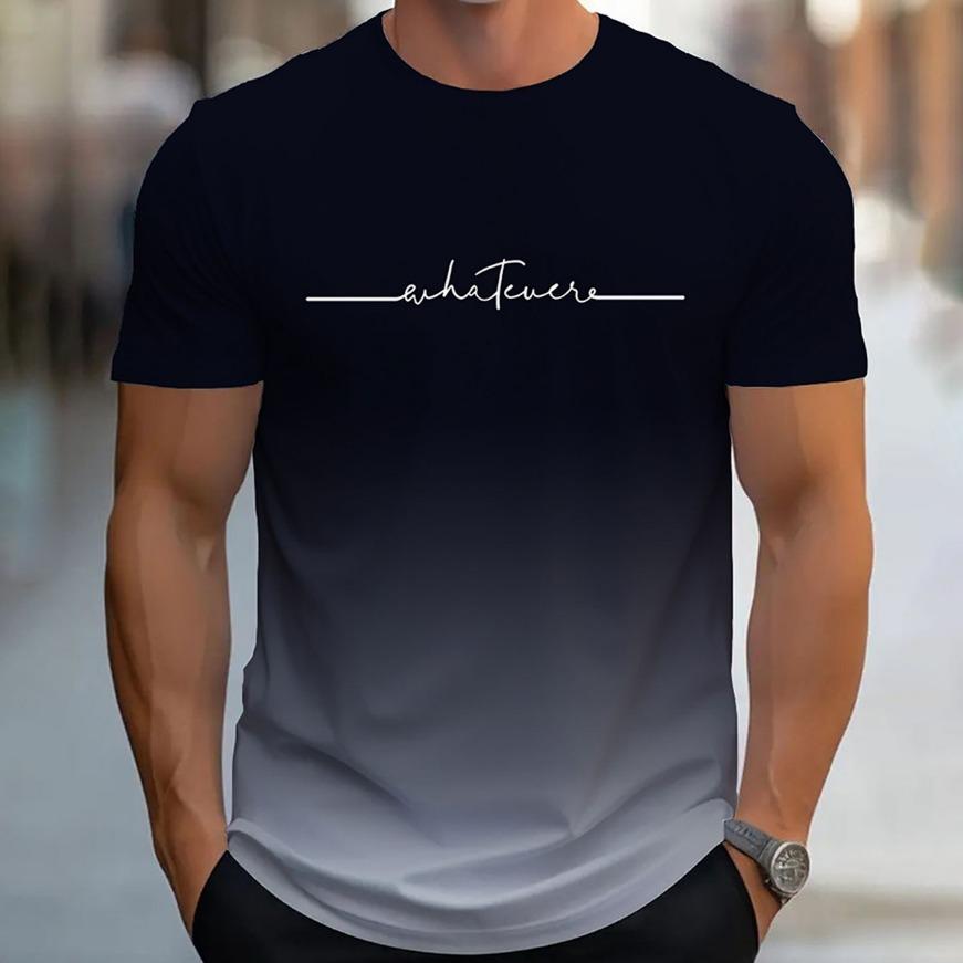 Gradient Letters Crew Neck Short Sleeve Alphabet Print T-Shirt Casual Weekend Wear for Men and Teens Vacation Resorts Spring/Summer/Fall