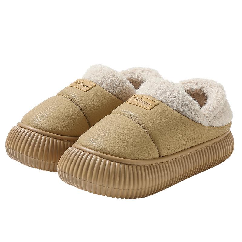 pu waterproof cotton slippers winter new bag heel indoor home non-slip soft sole outer wear cotton shoes winter
