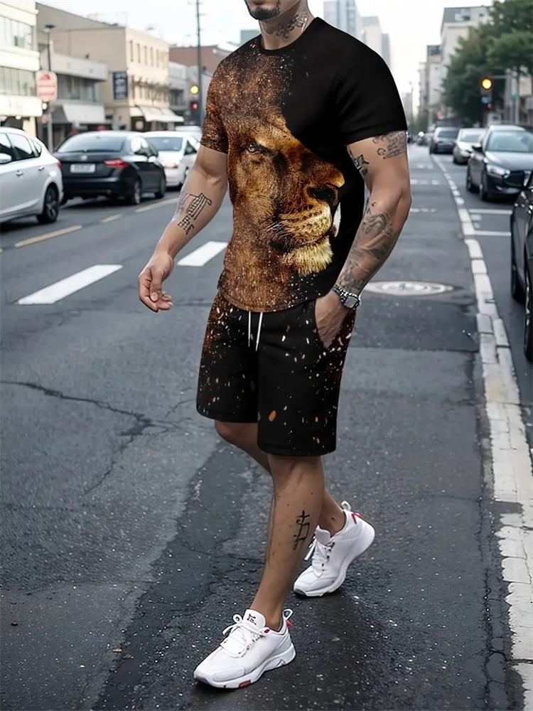 2024 New Summer Fashion Animal Print Suit Black and White Tiger 3D Pattern Outdoor Street Shooting Sportswear Men's Casual Wear