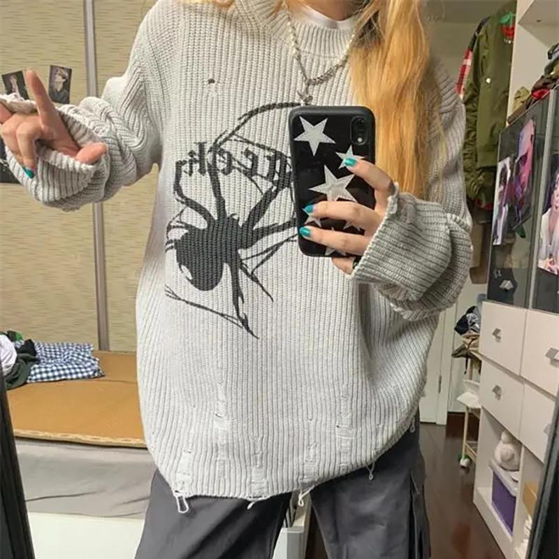 

WTEMPO Spider Printed Harajuku серый свитер женский готический винтажный рваный гранж Y2K джемпер уличная корейская повседневная хип-хоп пуловер XL серый