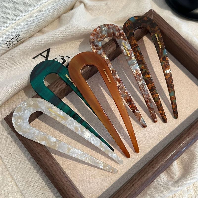 Large U Shaped Hair Forks Marble Acrylic Texture Strong Hold For Messy Bun Hairstyles Daily Wear Parties Office