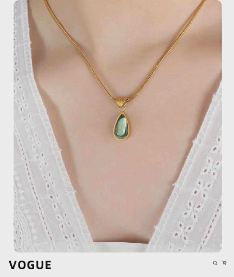 Kadınlar için Zeytin Yeşili ve Mavi Su Damlası Kolye - Retro, Niş Tasarım, Solmaz, Seksi Takı.