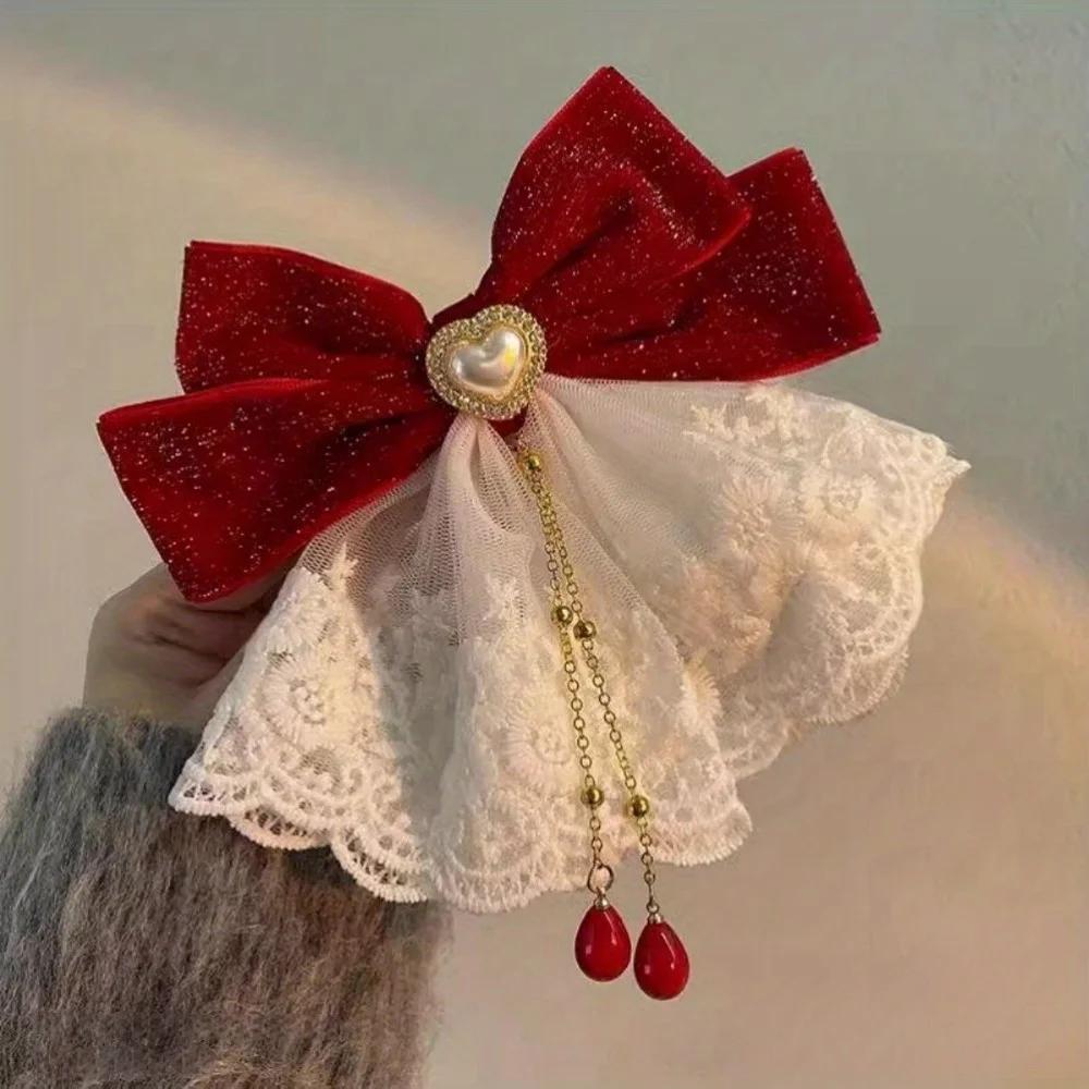 Sweet Temperament,Lace Red Big Bow,Runaway Princess, Broken Diamond Hair Clip,Women's Back of The Head Headband Accessory