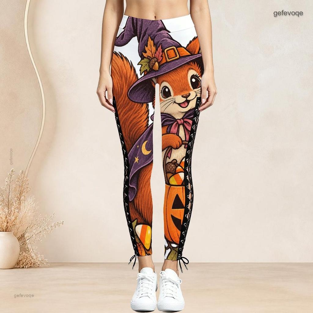 Women Plus Size High Waist Printed Side Eyelet Lace Up Full Length Leggings